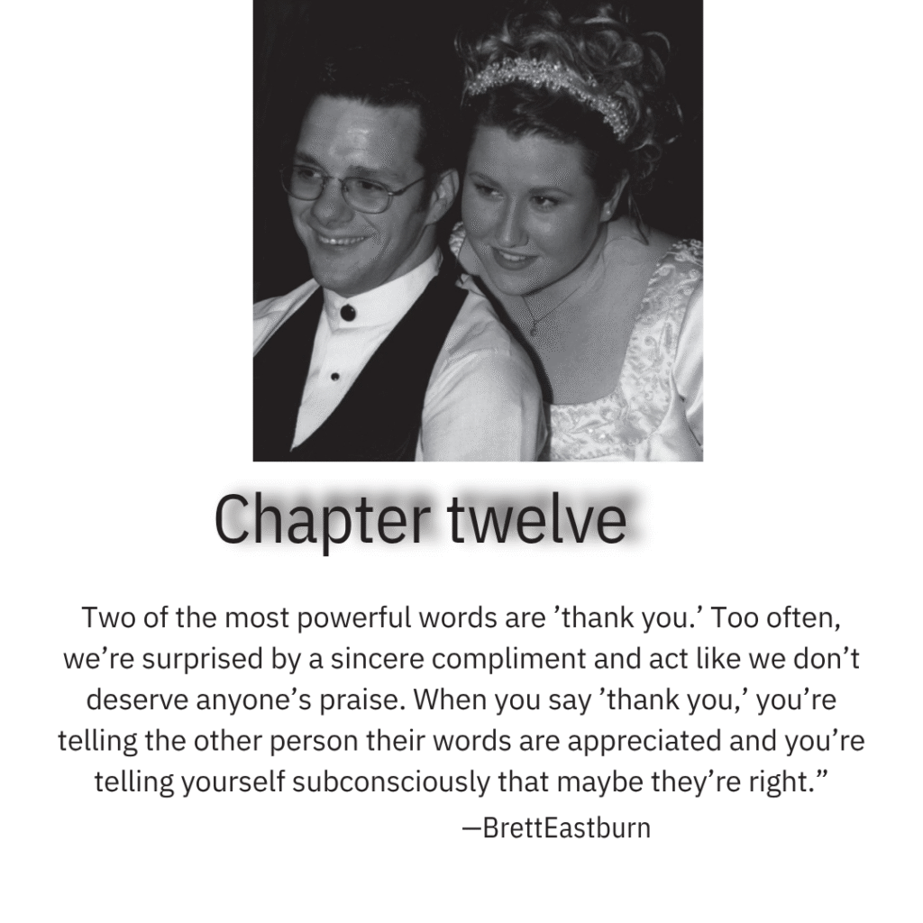 Brett Eastburn and his wife on their wedding day with a motivational quote about the power of gratitude.