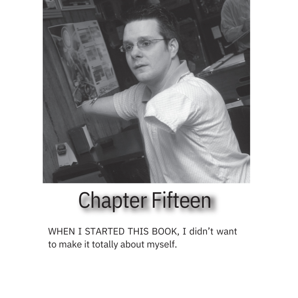 Brett Eastburn speaking and gesturing during a talk, with a quote from Chapter 15 about focusing on others.